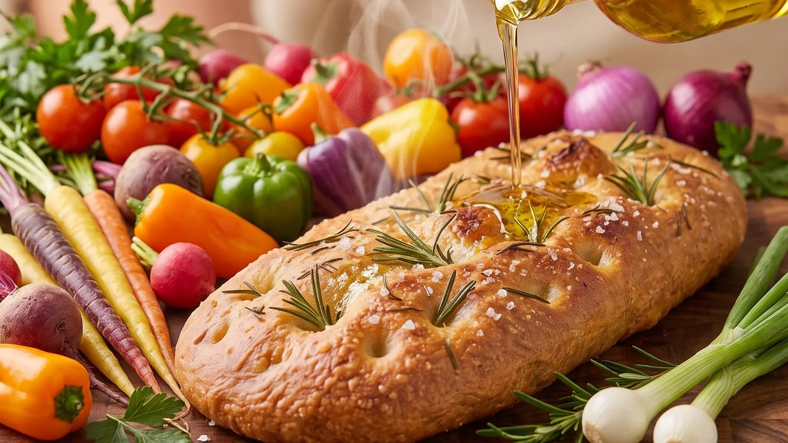 פוקאצ׳ה חמה נמזגת בשמן זית לצד ירקות טריים
