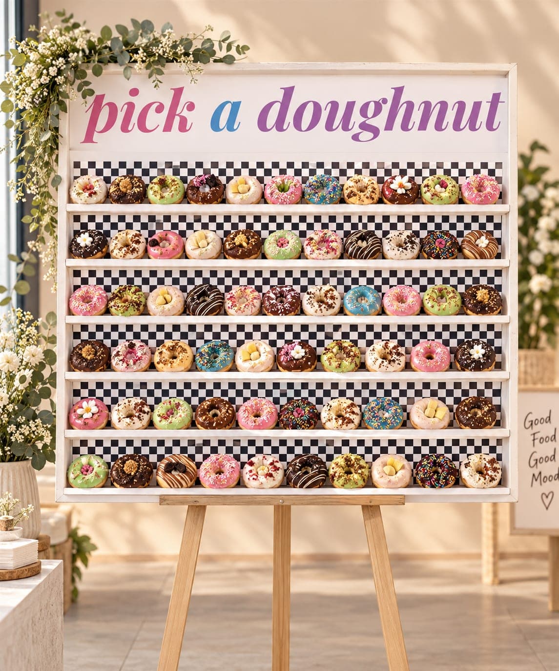 קיר דונאטס על כן עץ בלובי מואר — שלט pick a doughnut, שישה מדפים על רקע משבצות שחור-לבן עם דונאטס מזוגגים בשוקולד, ורוד, ירוק ותכלת עם סוכריות ופרחי סוכר, וזר ירק ופרחים לבנים בפינה