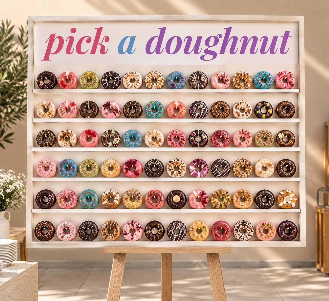 קיר דונאטס לבן על כן עץ בחצר בהירה — שלט pick a doughnut ושישה מדפים עמוסים דונאטס בציפויי שוקולד, ורוד, תכלת, ירוק וסגול עם סוכריות ופסי שוקולד לבן