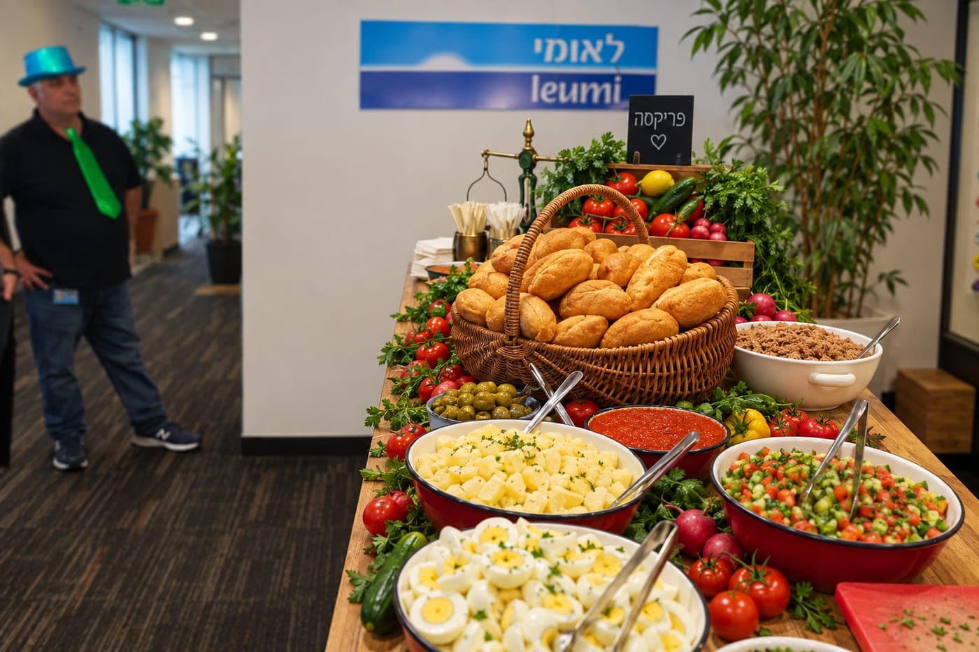 עמדת פריקסה באירוע חברה על שולחן עץ ארוך — סלסלת נצרים עמוסה לחמניות פריקסה, שלט גיר "פריקסה", ארגז ירקות טריים, וקערות אדומות-לבנות עם ביצים קשות חצויות, קוביות תפוח אדמה, סלט ישראלי, מטבוחה, זיתים ירוקים וטונה, ואורח עם כובע נוצץ ברקע