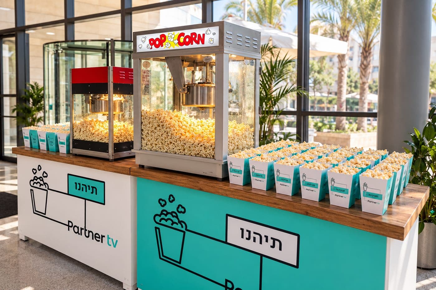 עמדת פופקורן ממותגת בלובי עם קירות זכוכית ודקלים — מכונת פופקורן גדולה עם שלט POP CORN, מכונה קטנה בצבע אדום ושורות ארוכות של כוסות פופקורן מלאות בעיצוב לבן-טורקיז על דלפק עץ