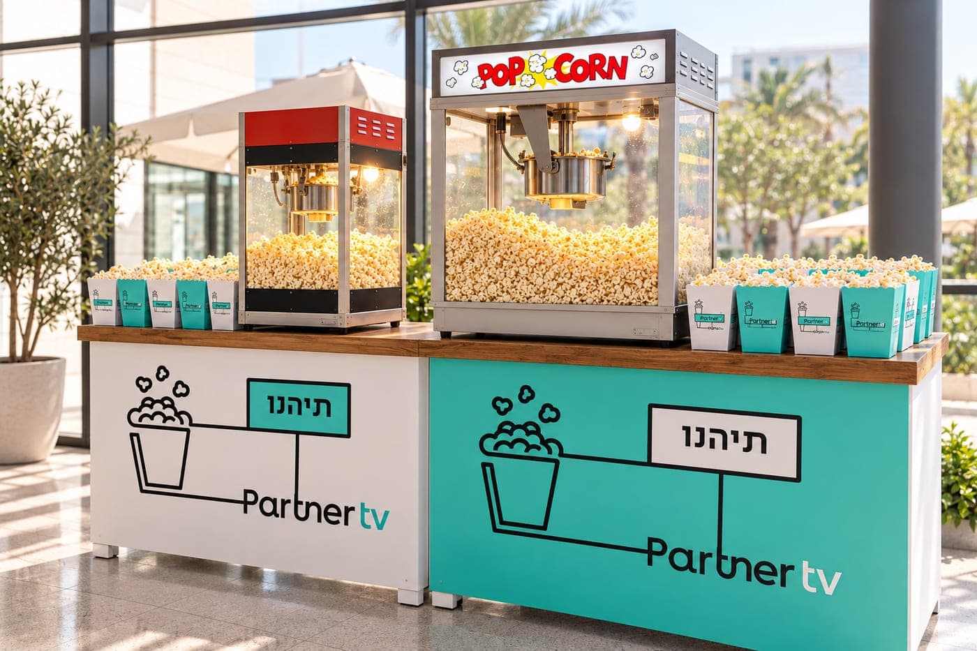עמדת פופקורן ממותגת ללקוח עסקי — שני דלפקים בלבן וטורקיז עם מיתוג Partner TV והכיתוב "תיהנו", שתי מכונות פופקורן מוארות ושורות כוסות פופקורן ממותגות, בלובי מואר עם עצי דקל ברקע